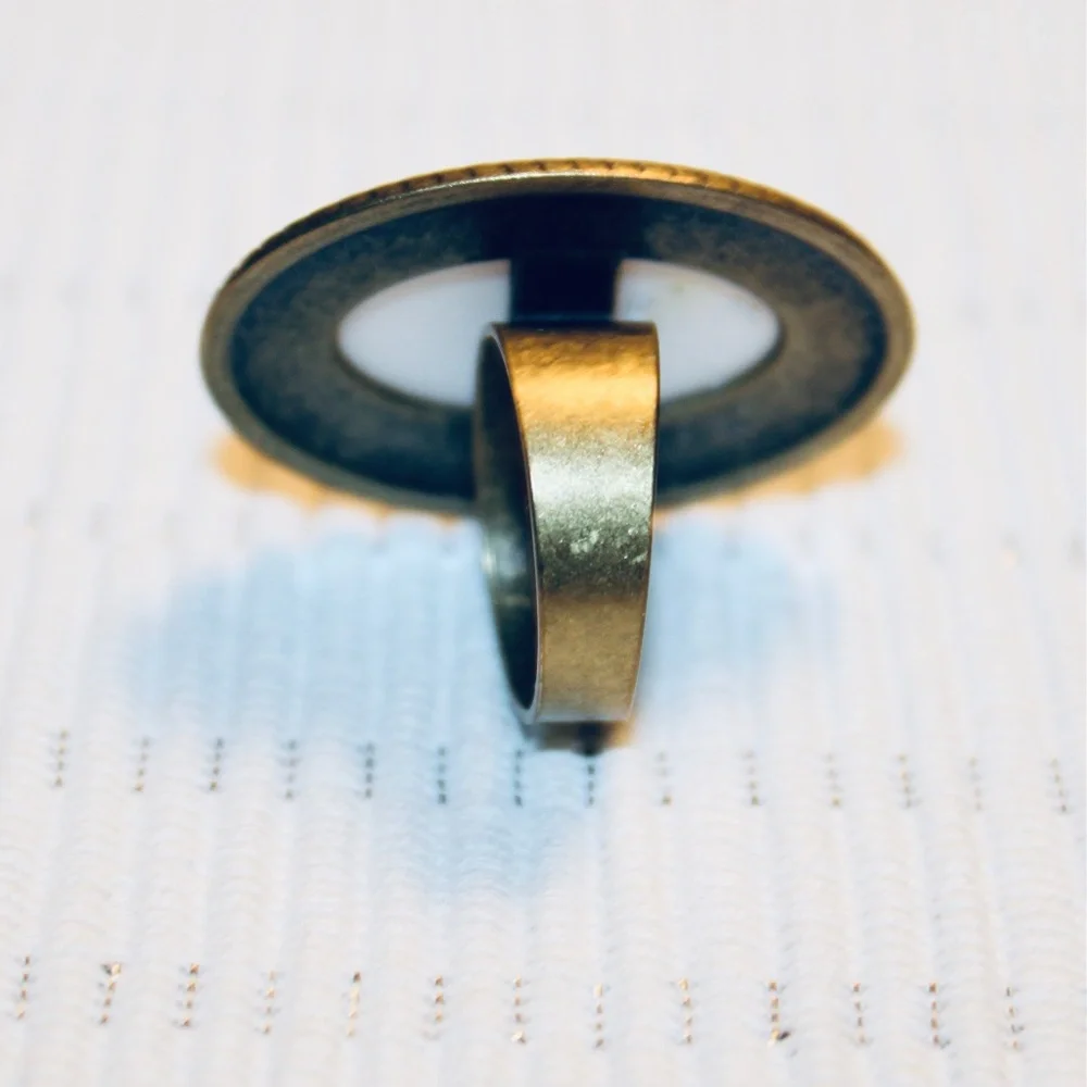 Ring Large Center Oval White Cabochon Brass Color Setting Size 9